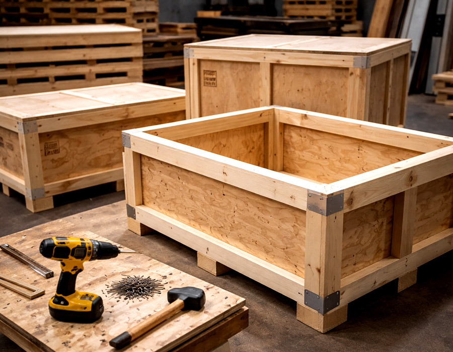 Custom wooden crates being assembled in a workshop with tools and materials visible, highlighting how custom wooden crates pricing is influenced by size, materials, and construction complexity