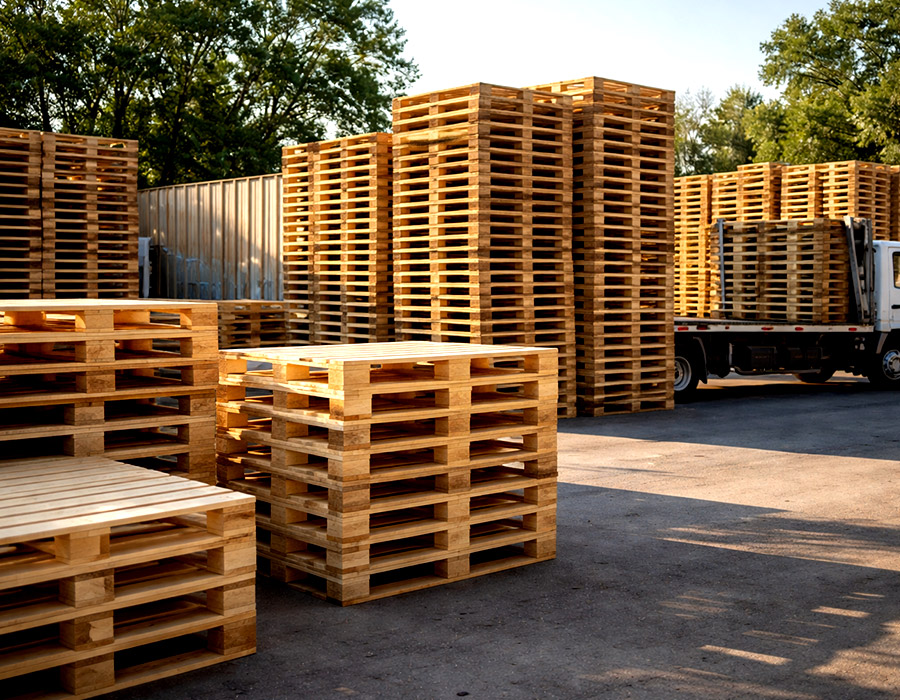 Stacks of wooden pallets in an outdoor yard with a delivery truck nearby, showing local pallet supply and distribution in Canoga Park
